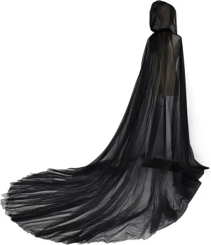 Halloween Long Chiffon Vampire Bride Sheer Cloak Ghost Costume Haunted Hooded Tulle Cape for Women Bride 86.7inch