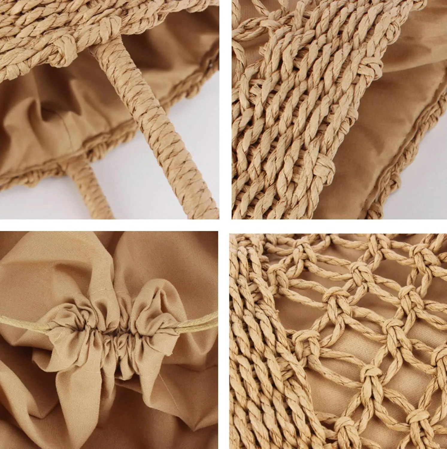 Handwoven Bucket Bag Women Summer Straw Tote Drawstring Lining Hollow Beach Bag Casual Vacation Wear