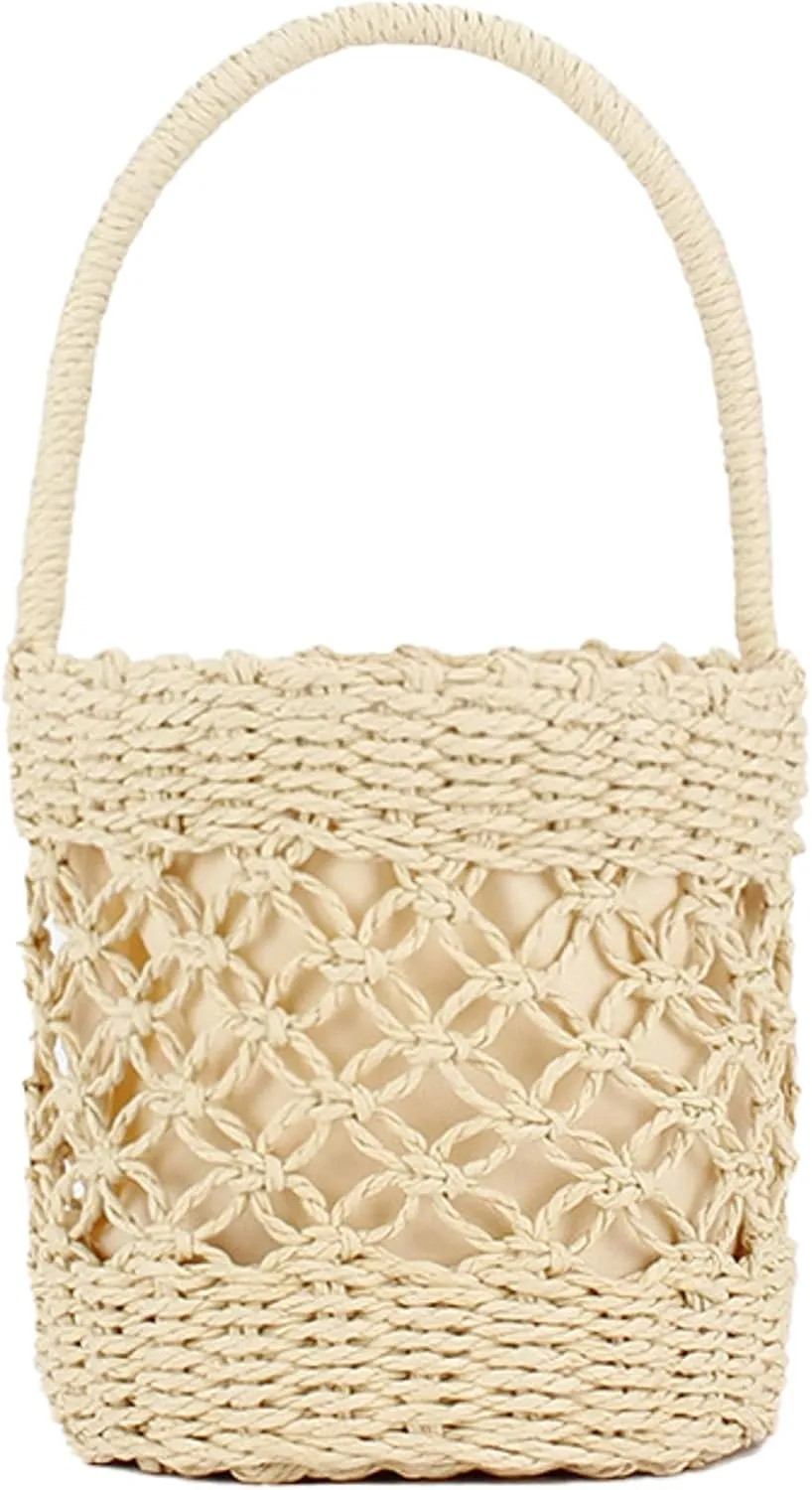 Handwoven Bucket Bag Women Summer Straw Tote Drawstring Lining Hollow Beach Bag Casual Vacation Wear
