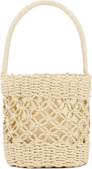 Handwoven Bucket Bag Women Summer Straw Tote Drawstring Lining Hollow Beach Bag Casual Vacation Wear