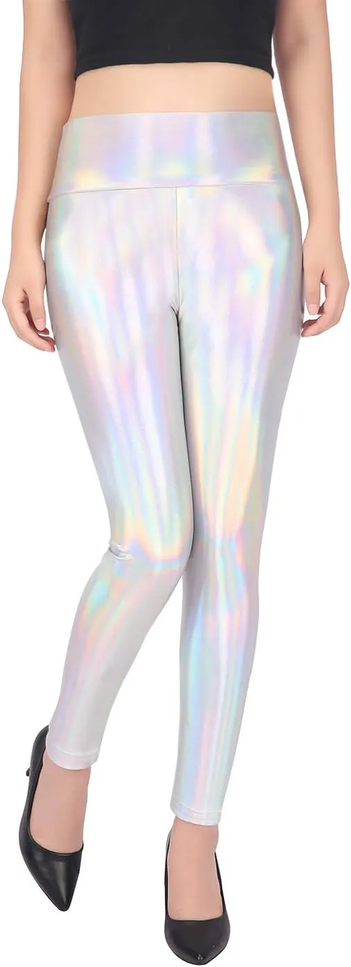 HDE Women's Shiny Holographic Leggings Liquid Metallic Pants Iridescent Tights