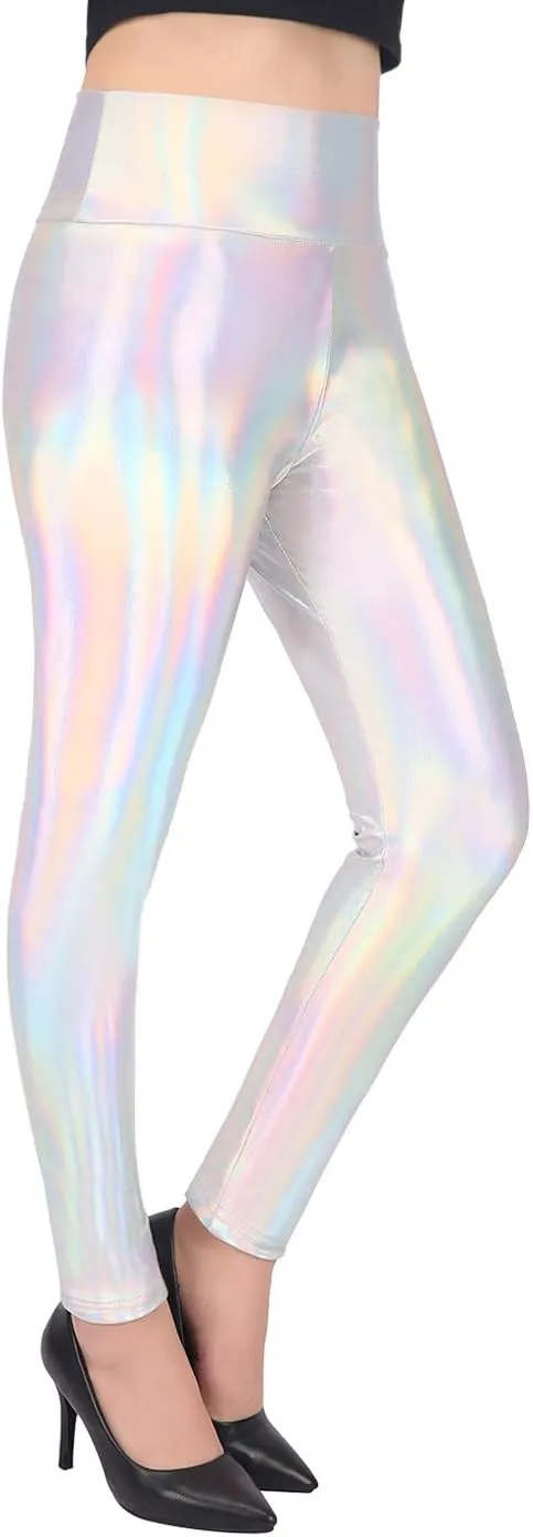 HDE Women's Shiny Holographic Leggings Liquid Metallic Pants Iridescent Tights