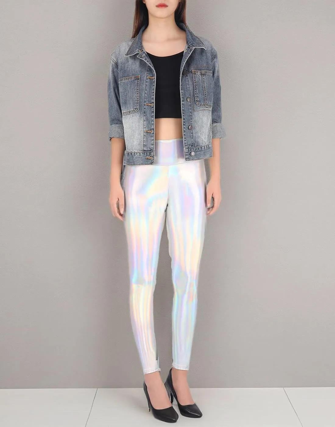 HDE Women's Shiny Holographic Leggings Liquid Metallic Pants Iridescent Tights