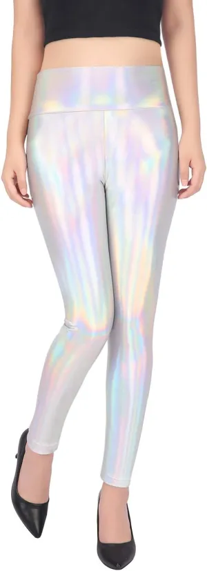 HDE Women's Shiny Holographic Leggings Liquid Metallic Pants Iridescent Tights