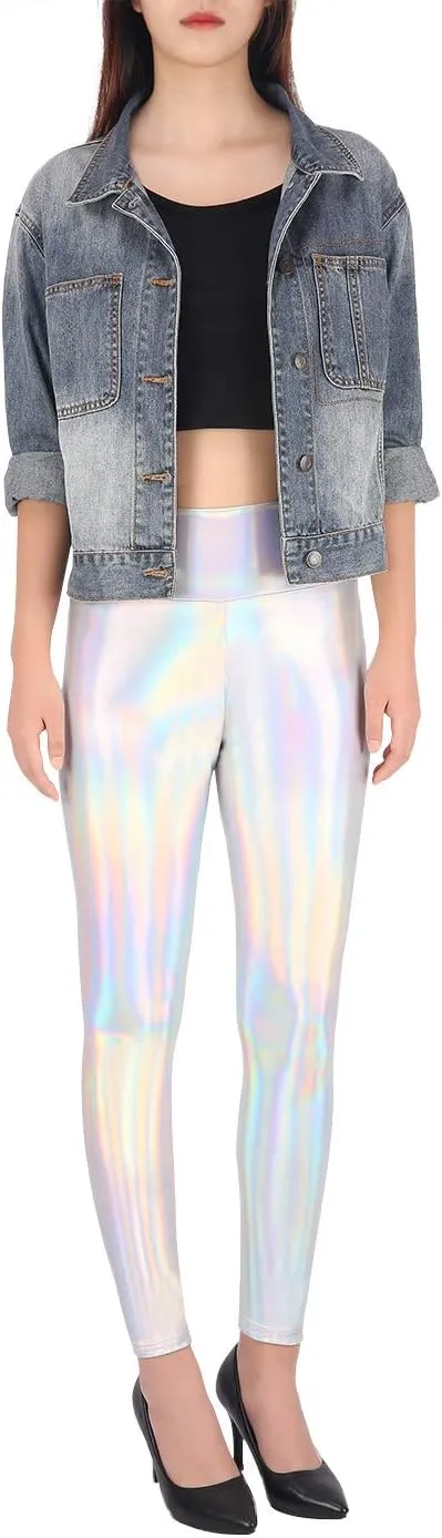 HDE Women's Shiny Holographic Leggings Liquid Metallic Pants Iridescent Tights
