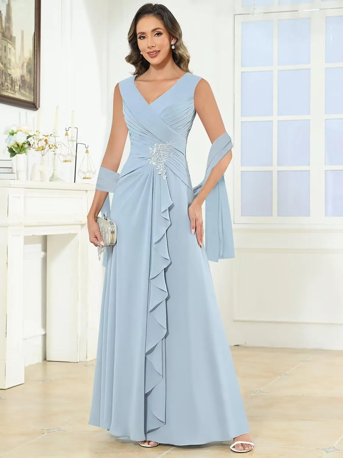HHSIyz Chiffon Mother of The Bride Dresses with Shawl Lace Applique Long Pleated Wedding Guests Formal Evening Party Gown