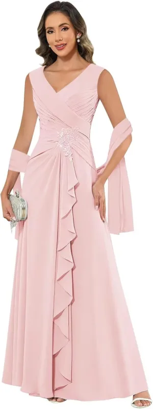 HHSIyz Chiffon Mother of The Bride Dresses with Shawl Lace Applique Long Pleated Wedding Guests Formal Evening Party Gown