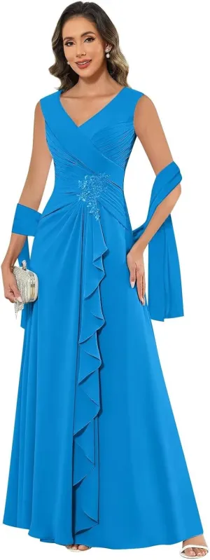 HHSIyz Chiffon Mother of The Bride Dresses with Shawl Lace Applique Long Pleated Wedding Guests Formal Evening Party Gown