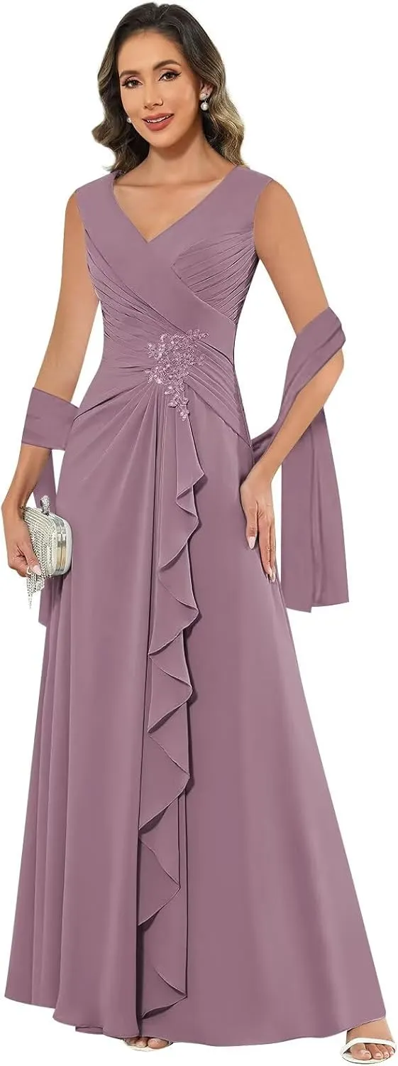 HHSIyz Chiffon Mother of The Bride Dresses with Shawl Lace Applique Long Pleated Wedding Guests Formal Evening Party Gown