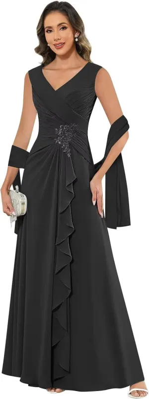 HHSIyz Chiffon Mother of The Bride Dresses with Shawl Lace Applique Long Pleated Wedding Guests Formal Evening Party Gown