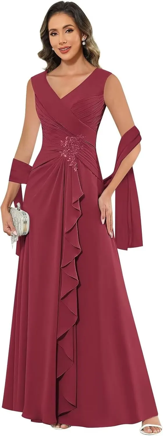 HHSIyz Chiffon Mother of The Bride Dresses with Shawl Lace Applique Long Pleated Wedding Guests Formal Evening Party Gown