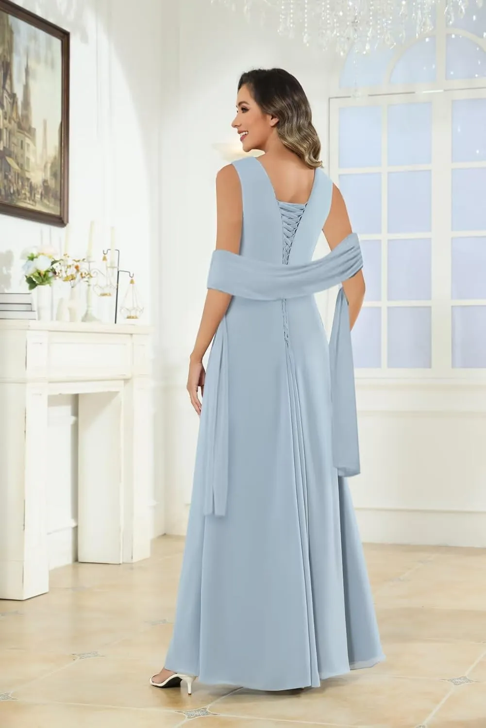 HHSIyz Chiffon Mother of The Bride Dresses with Shawl Lace Applique Long Pleated Wedding Guests Formal Evening Party Gown