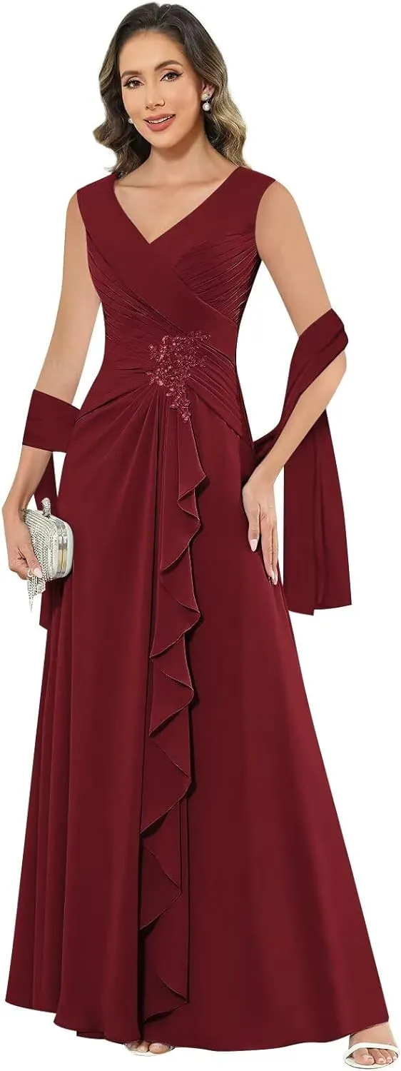 HHSIyz Chiffon Mother of The Bride Dresses with Shawl Lace Applique Long Pleated Wedding Guests Formal Evening Party Gown