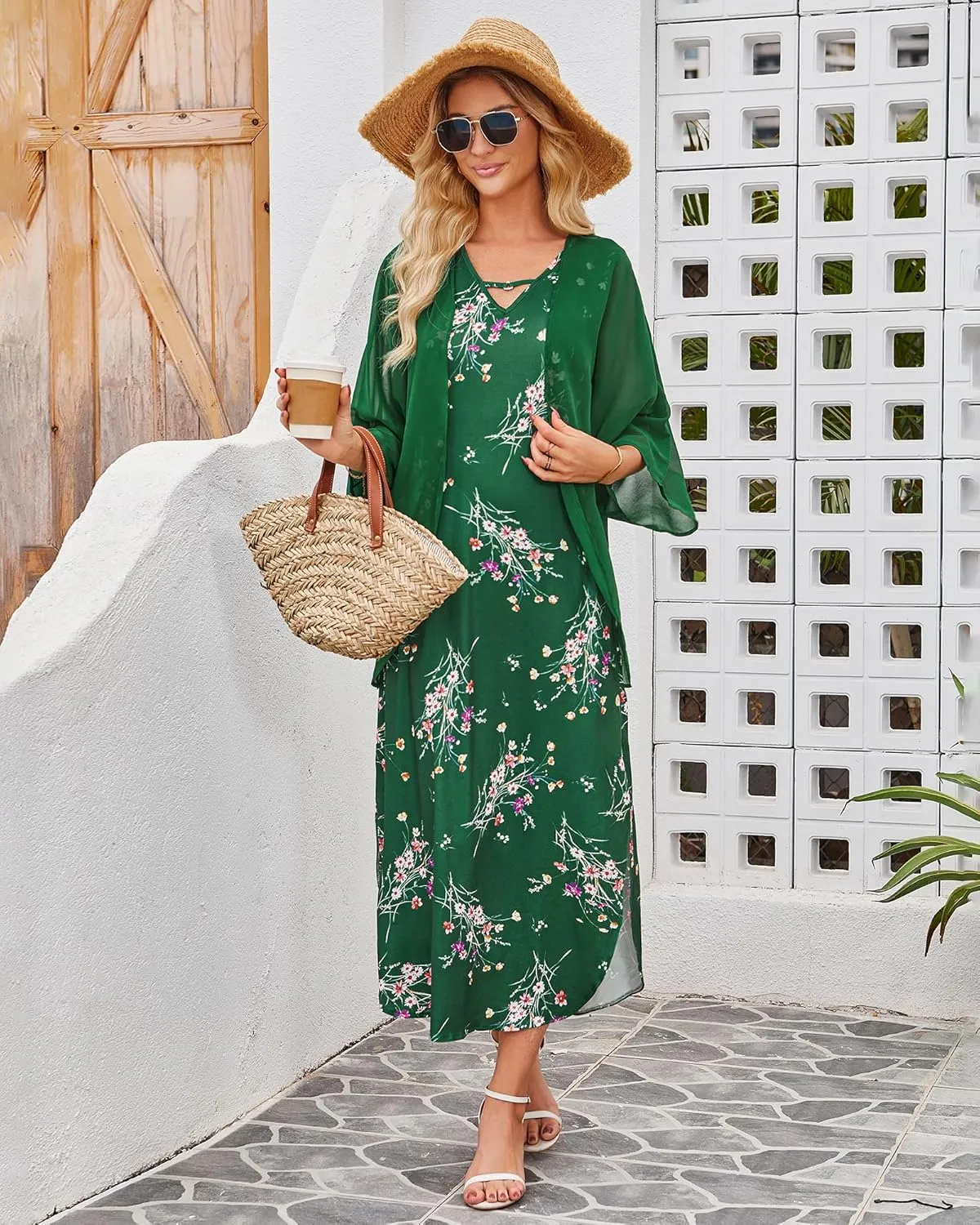 Honwenle Women's Summer Maxi Dress 2 Piece Outfit Sleeveless Loose Split Dresses with Cover up Casual Formal