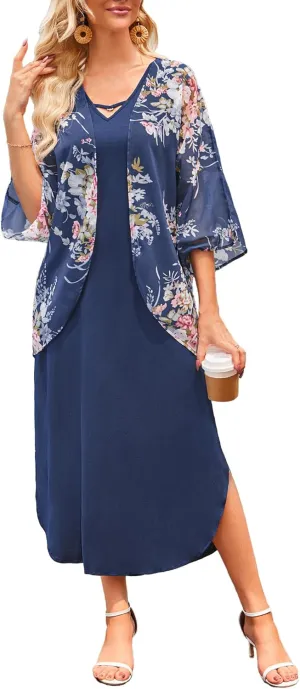 Honwenle Women's Summer Maxi Dress 2 Piece Outfit Sleeveless Loose Split Dresses with Cover up Casual Formal