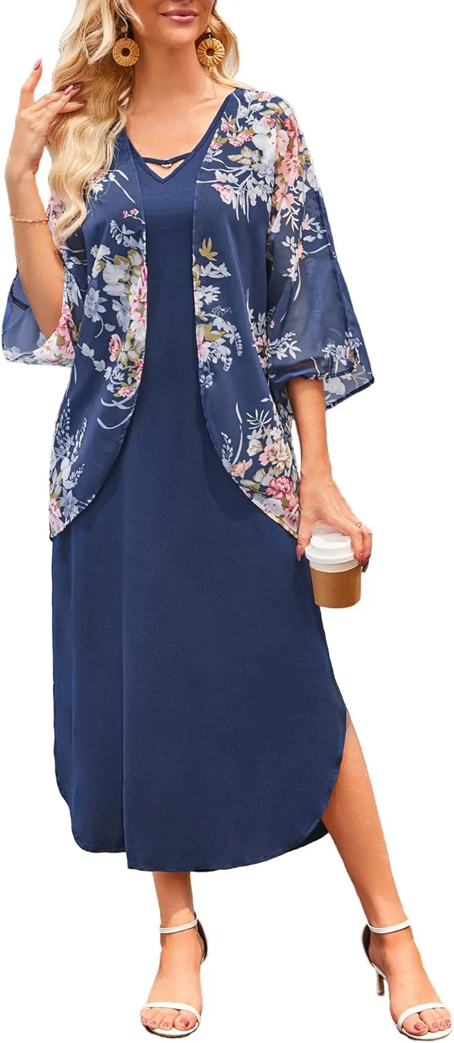 Honwenle Women's Summer Maxi Dress 2 Piece Outfit Sleeveless Loose Split Dresses with Cover up Casual Formal