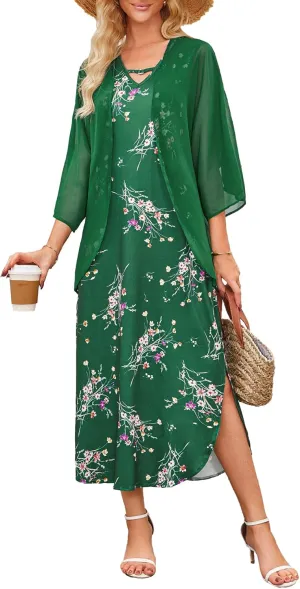 Honwenle Women's Summer Maxi Dress 2 Piece Outfit Sleeveless Loose Split Dresses with Cover up Casual Formal