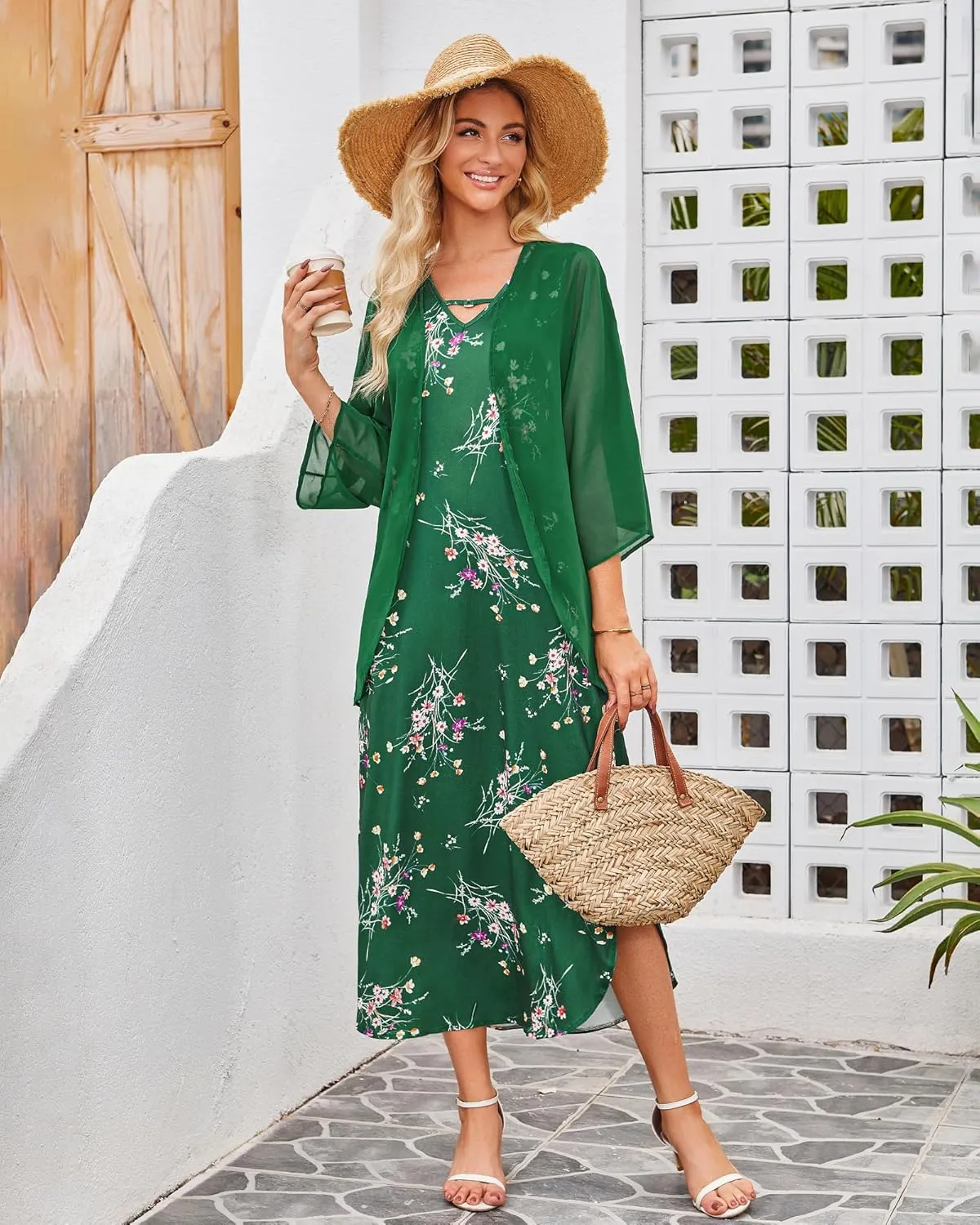 Honwenle Women's Summer Maxi Dress 2 Piece Outfit Sleeveless Loose Split Dresses with Cover up Casual Formal