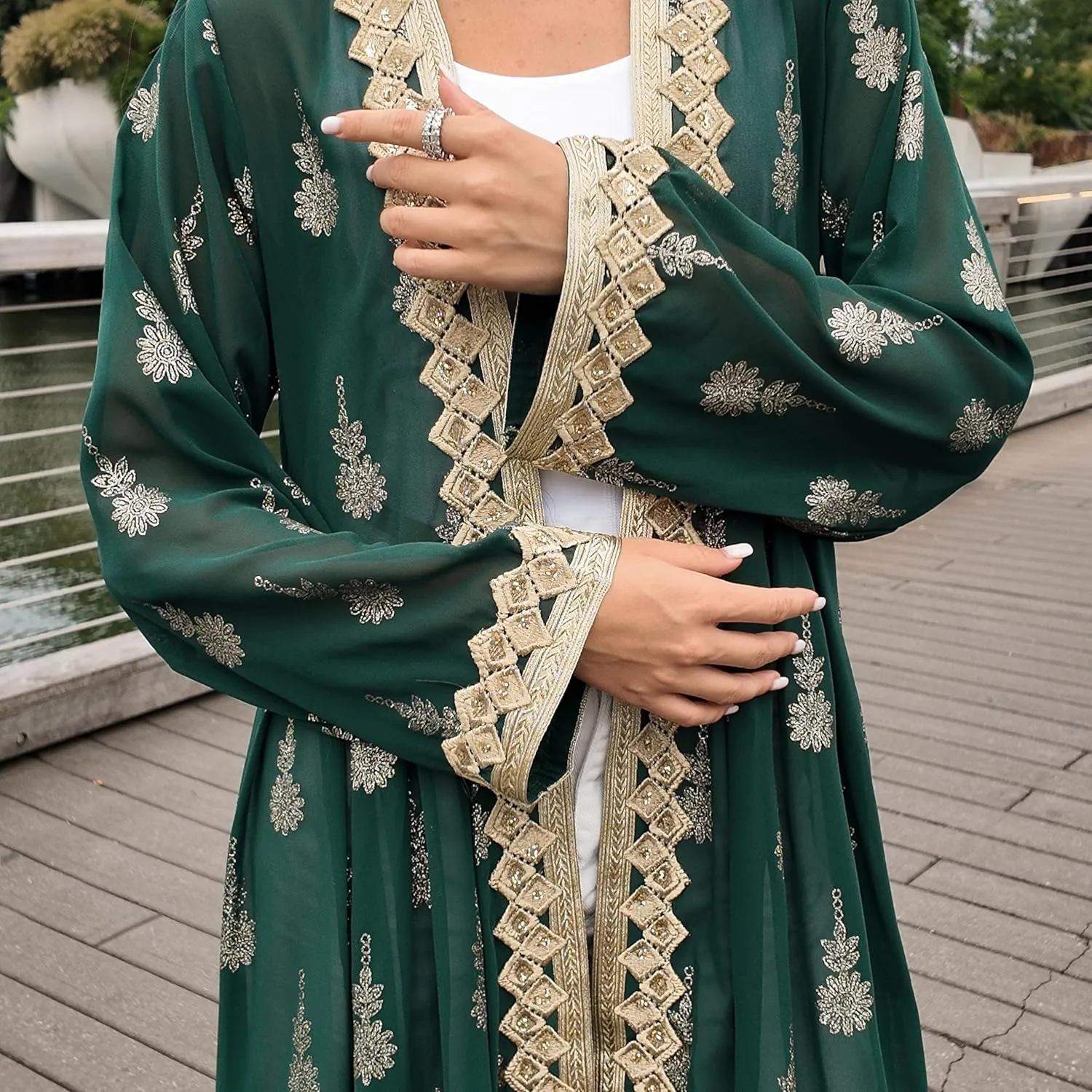 HUSN Embroidered Two-Piece Abaya Set Long Cardigan with Gold Embroidery with Plus Size Inner Slip Kaftan for Eid