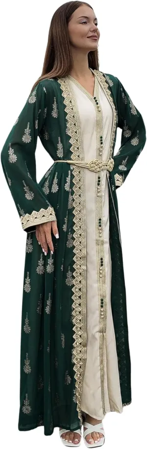 HUSN Embroidered Two-Piece Abaya Set Long Cardigan with Gold Embroidery with Plus Size Inner Slip Kaftan for Eid