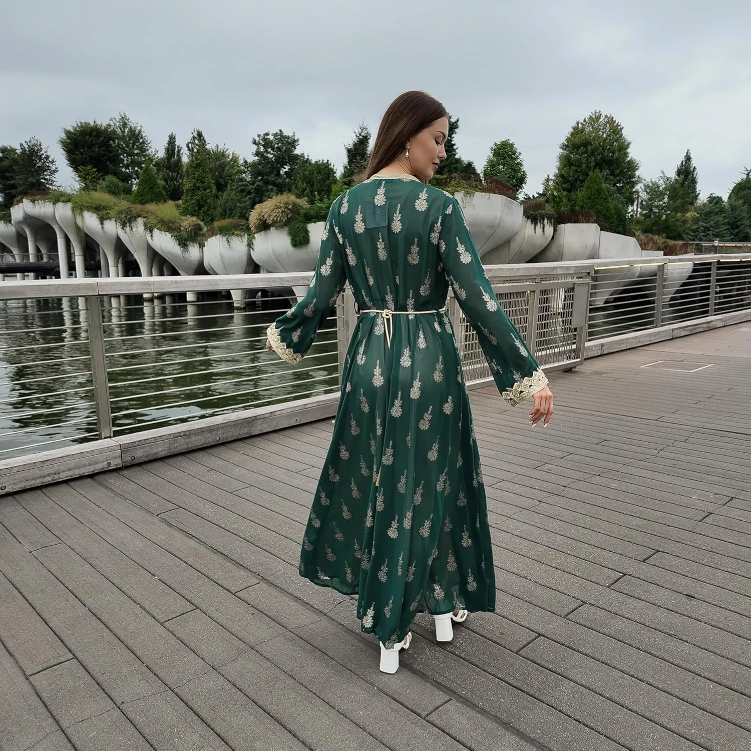 HUSN Embroidered Two-Piece Abaya Set Long Cardigan with Gold Embroidery with Plus Size Inner Slip Kaftan for Eid