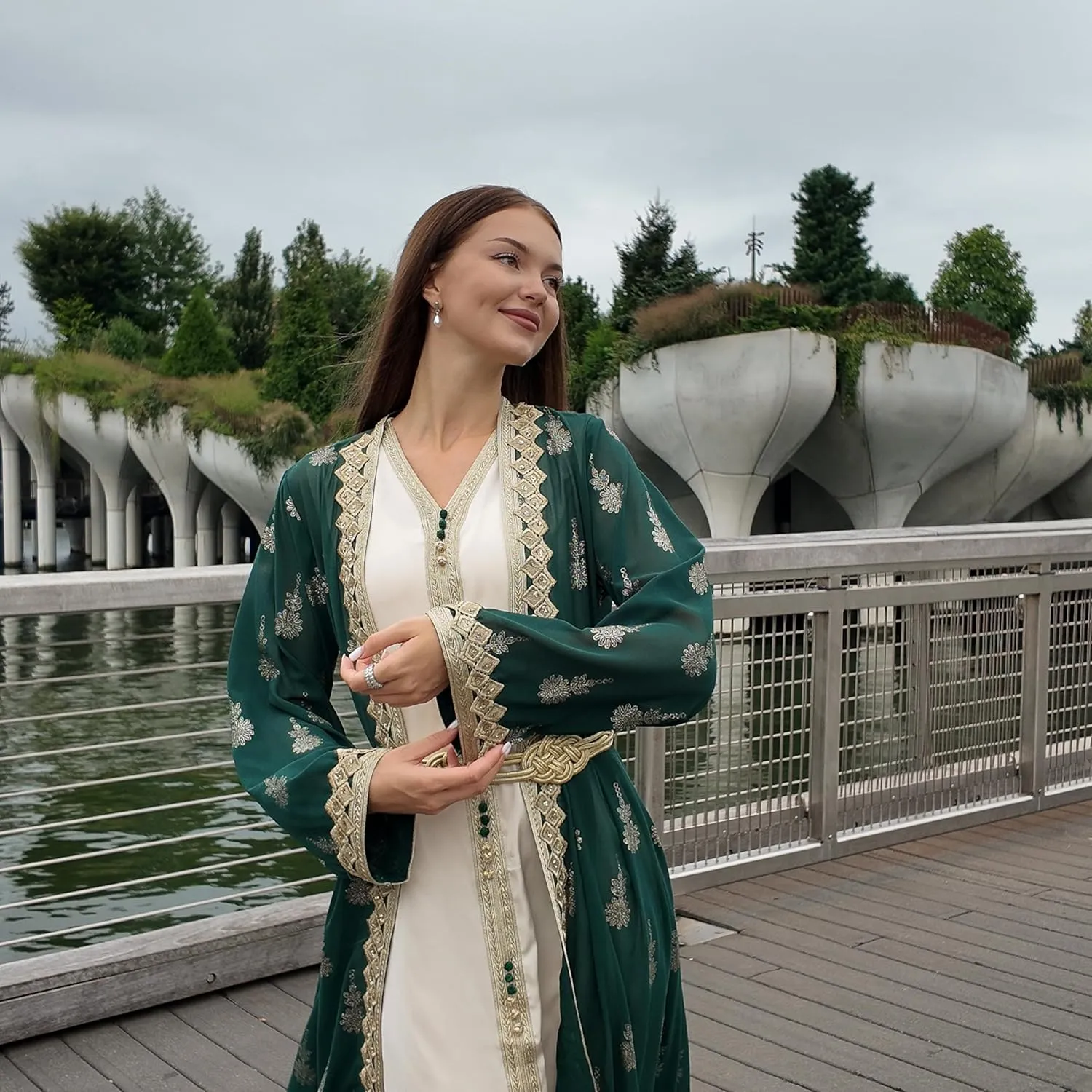 HUSN Embroidered Two-Piece Abaya Set Long Cardigan with Gold Embroidery with Plus Size Inner Slip Kaftan for Eid