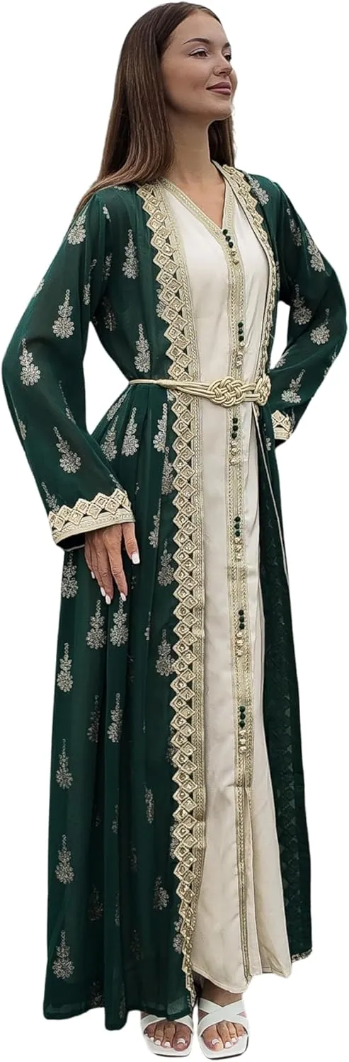 HUSN Embroidered Two-Piece Abaya Set Long Cardigan with Gold Embroidery with Plus Size Inner Slip Kaftan for Eid