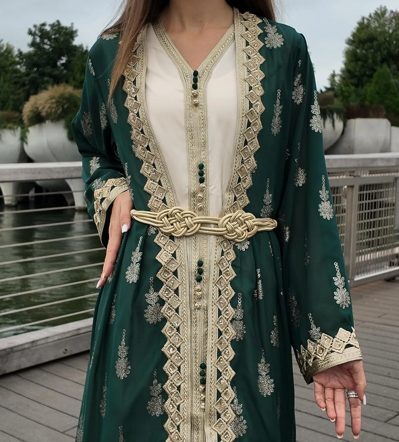 HUSN Embroidered Two-Piece Abaya Set Long Cardigan with Gold Embroidery with Plus Size Inner Slip Kaftan for Eid