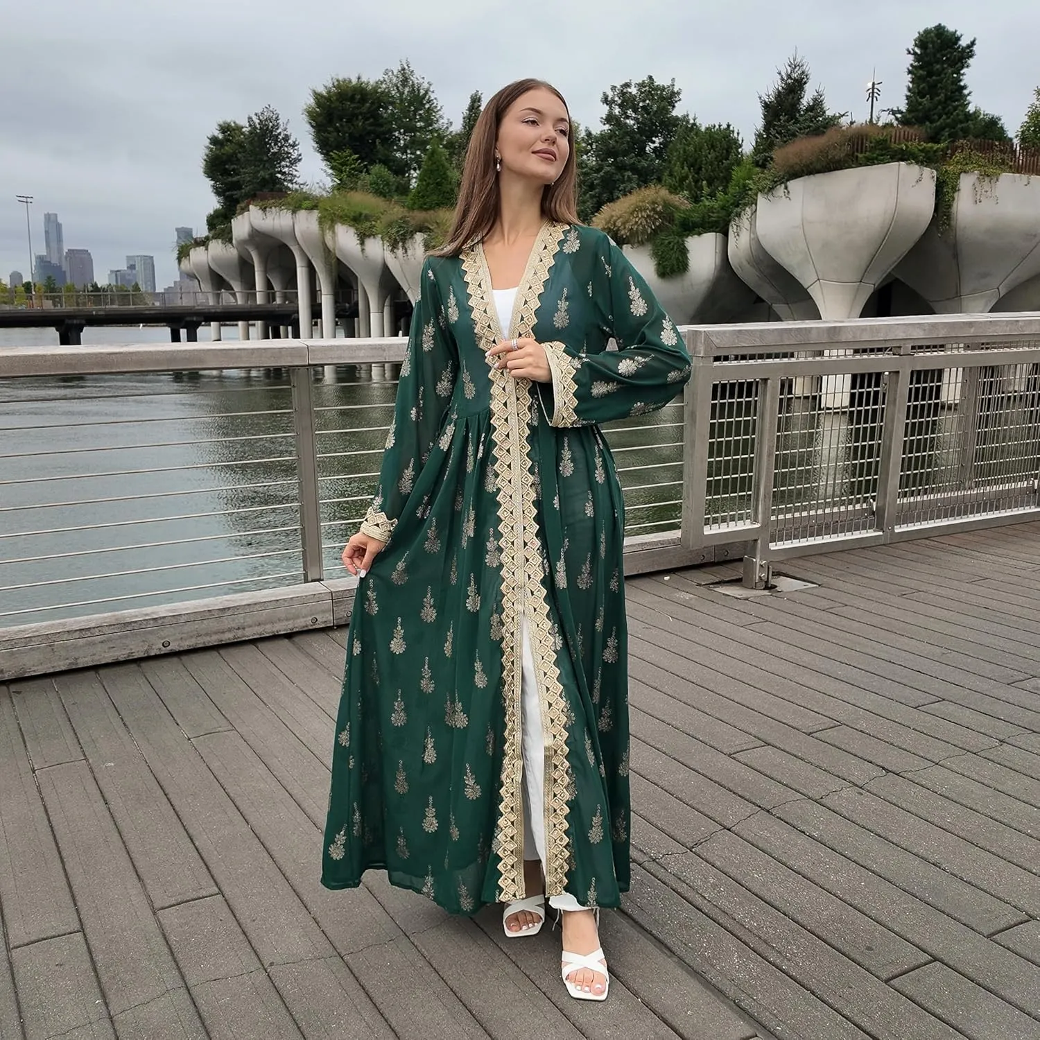 HUSN Embroidered Two-Piece Abaya Set Long Cardigan with Gold Embroidery with Plus Size Inner Slip Kaftan for Eid