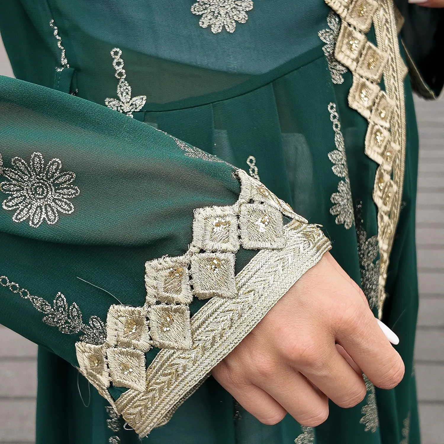 HUSN Embroidered Two-Piece Abaya Set Long Cardigan with Gold Embroidery with Plus Size Inner Slip Kaftan for Eid