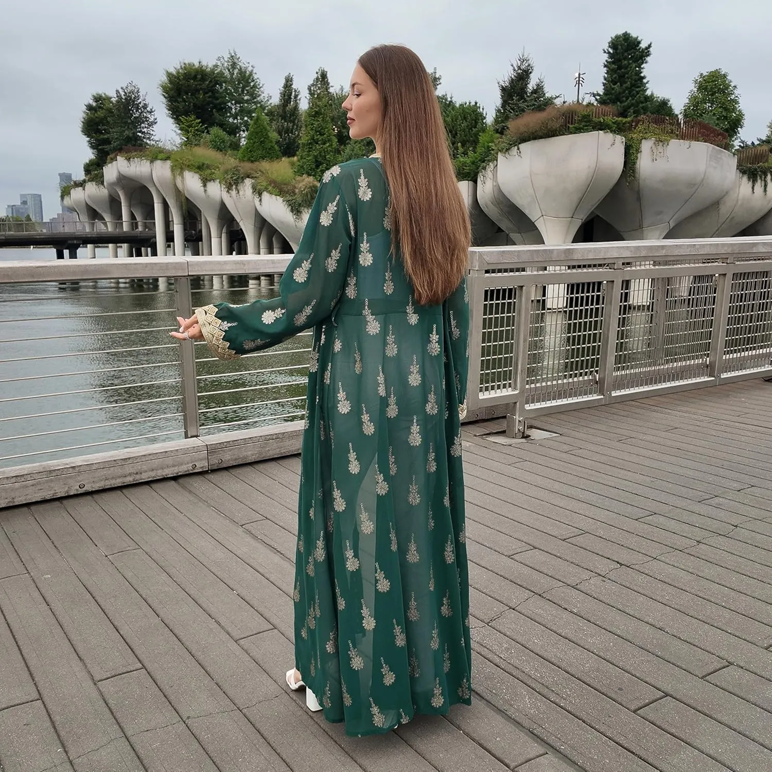 HUSN Embroidered Two-Piece Abaya Set Long Cardigan with Gold Embroidery with Plus Size Inner Slip Kaftan for Eid