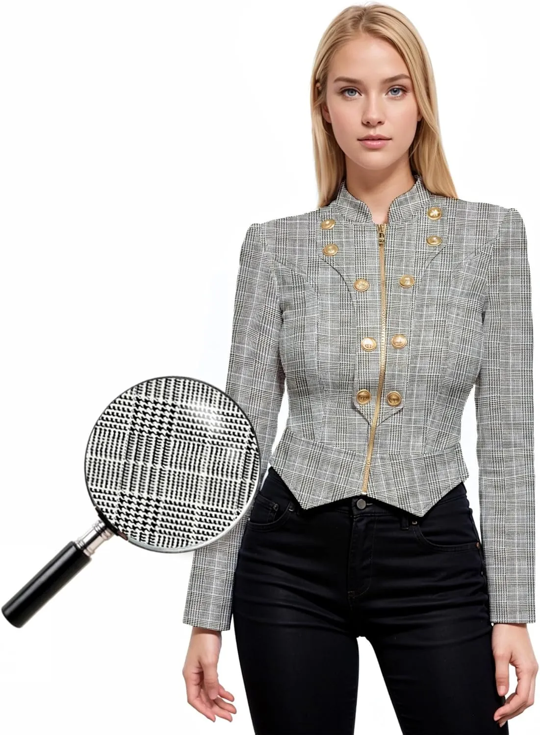 Hybrid & Company Women's Fashion Military Crop Premium Ultra Stretch Gold/Sliver Millennium Zipper Up Dressy Blazer Jacket