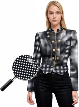 Hybrid & Company Women's Fashion Military Crop Premium Ultra Stretch Gold/Sliver Millennium Zipper Up Dressy Blazer Jacket
