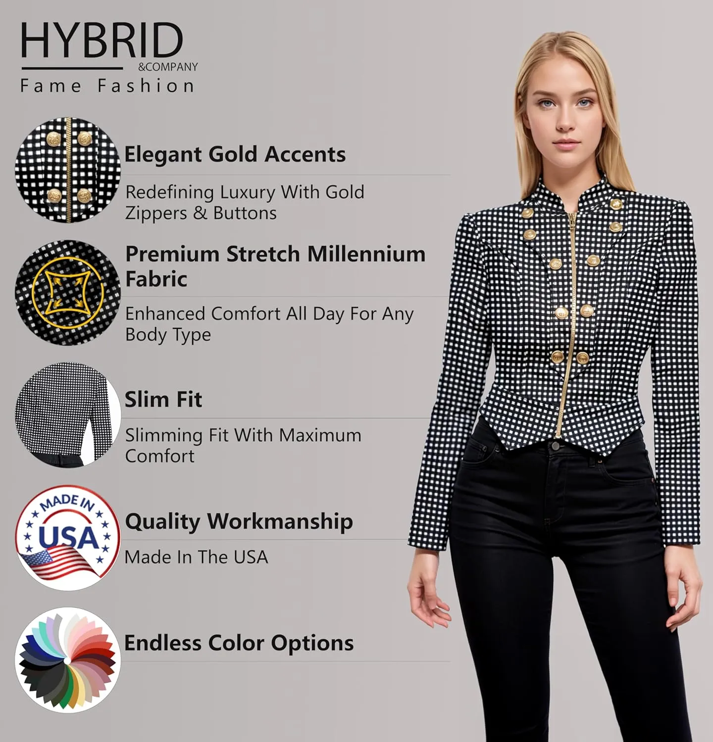 Hybrid & Company Women's Fashion Military Crop Premium Ultra Stretch Gold/Sliver Millennium Zipper Up Dressy Blazer Jacket
