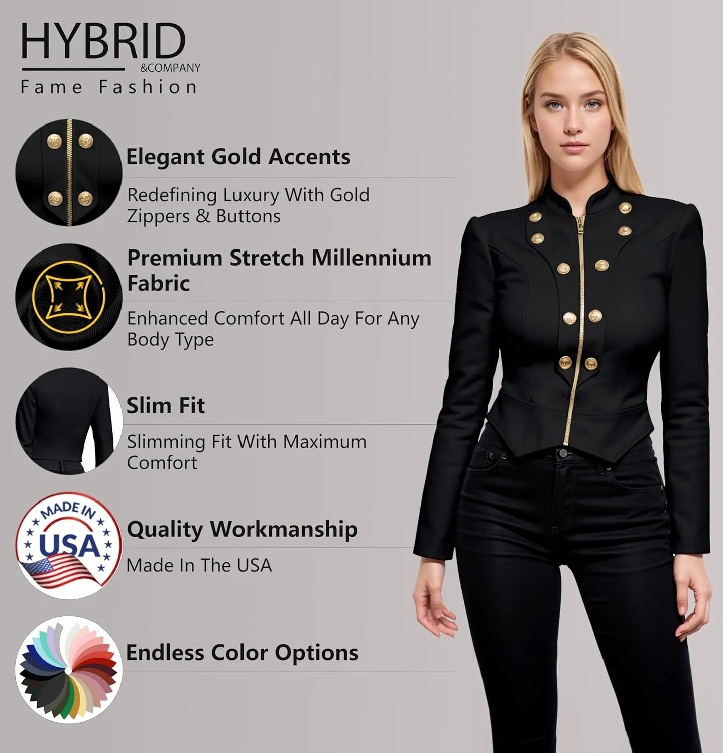 Hybrid & Company Women's Fashion Military Crop Premium Ultra Stretch Gold/Sliver Millennium Zipper Up Dressy Blazer Jacket