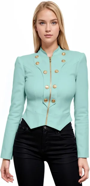 Hybrid & Company Women's Fashion Military Crop Premium Ultra Stretch Gold/Sliver Millennium Zipper Up Dressy Blazer Jacket