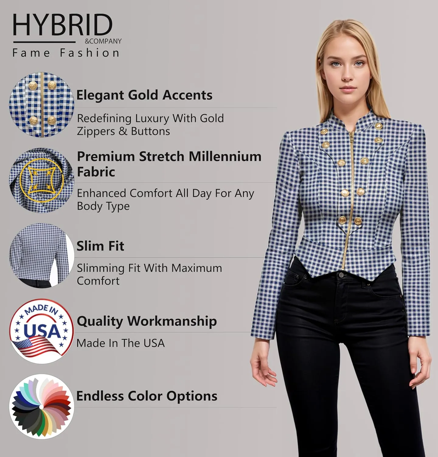 Hybrid & Company Women's Fashion Military Crop Premium Ultra Stretch Gold/Sliver Millennium Zipper Up Dressy Blazer Jacket