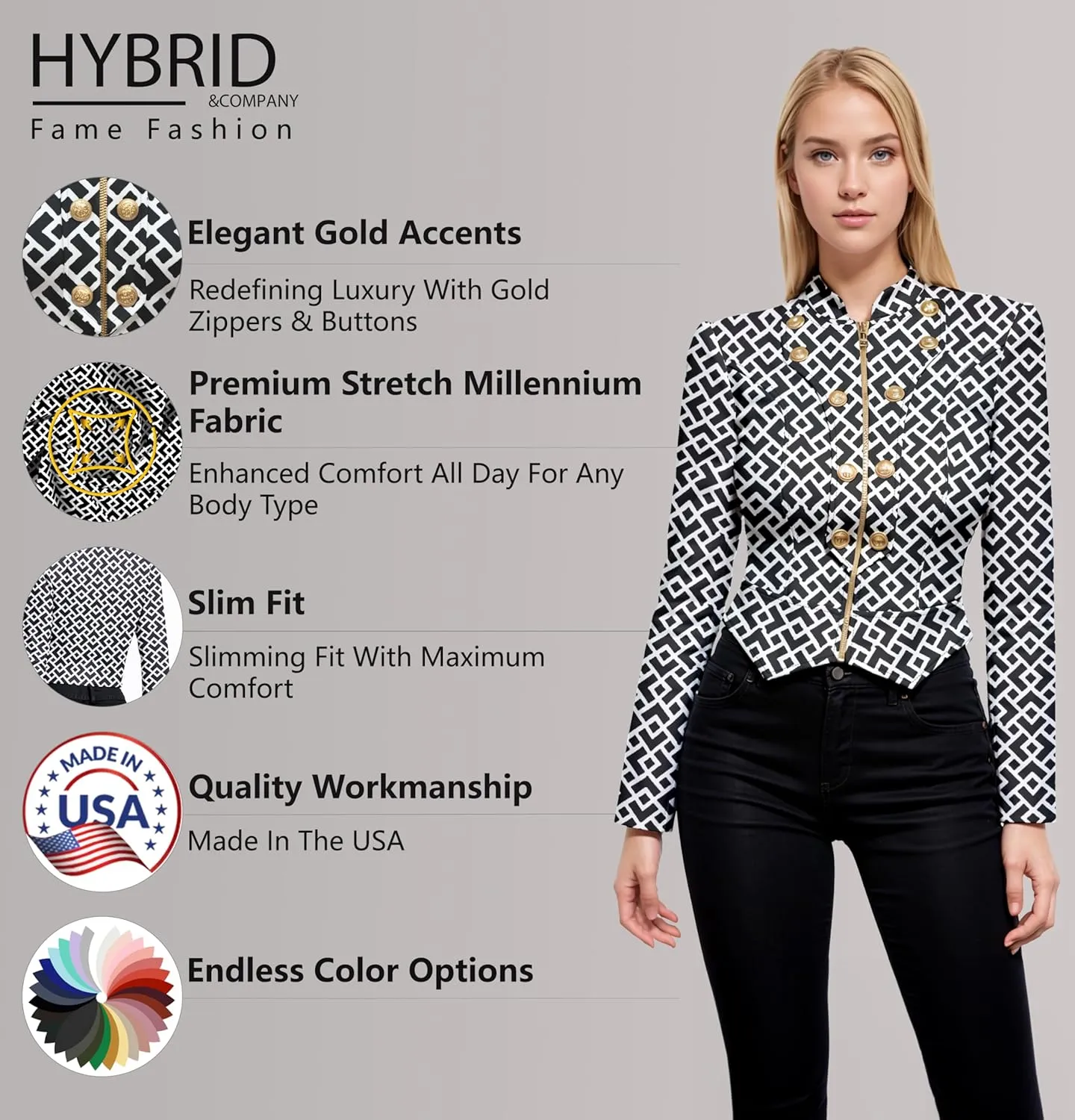 Hybrid & Company Women's Fashion Military Crop Premium Ultra Stretch Gold/Sliver Millennium Zipper Up Dressy Blazer Jacket