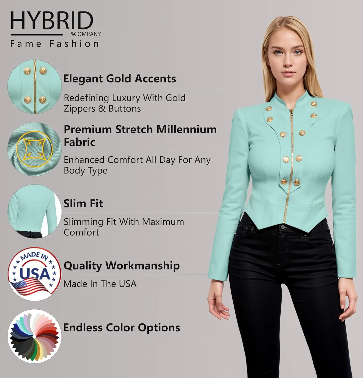 Hybrid & Company Women's Fashion Military Crop Premium Ultra Stretch Gold/Sliver Millennium Zipper Up Dressy Blazer Jacket