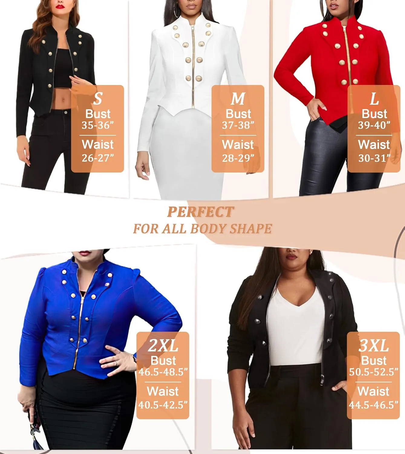 Hybrid & Company Women's Fashion Military Crop Premium Ultra Stretch Gold/Sliver Millennium Zipper Up Dressy Blazer Jacket