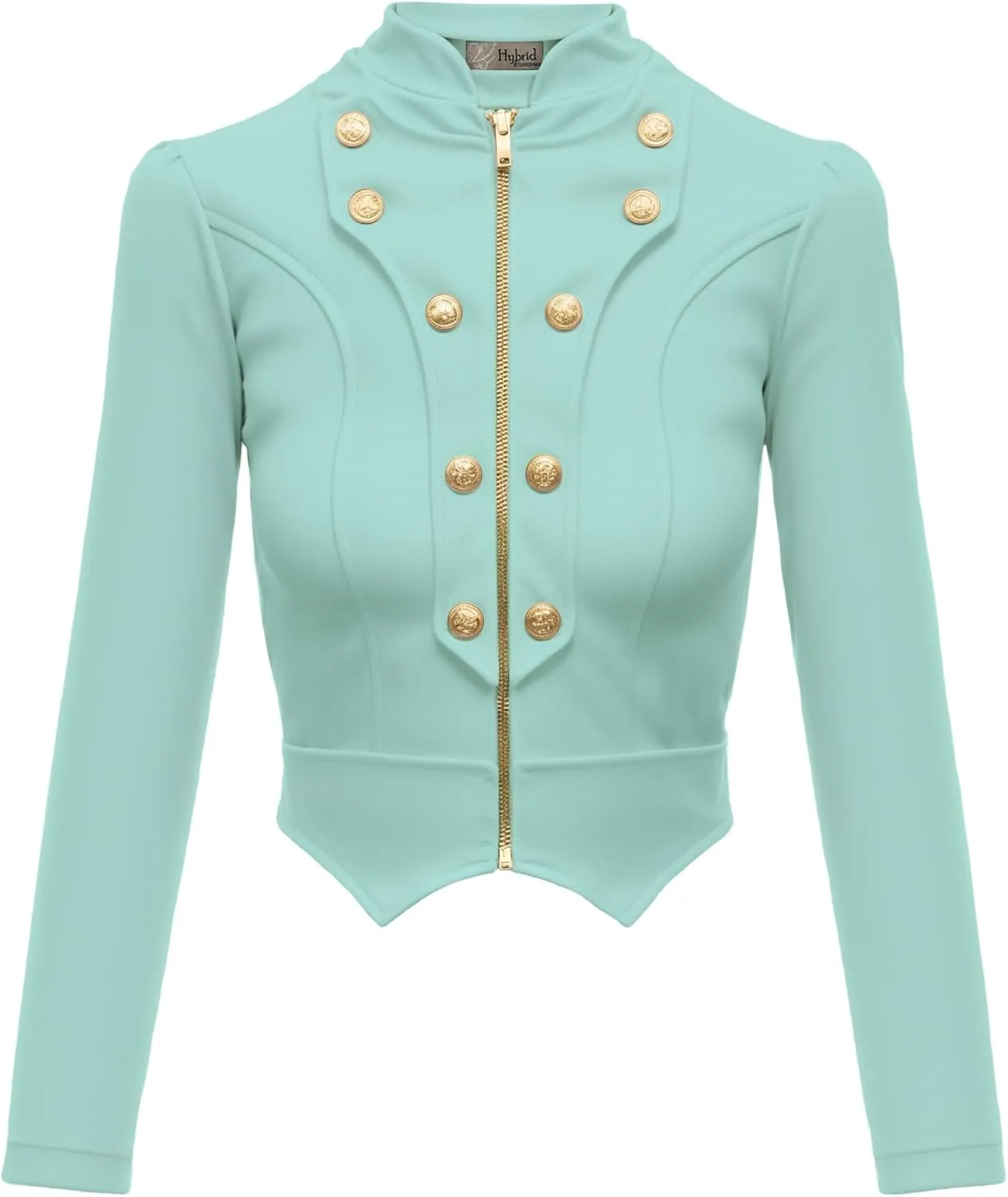 Hybrid & Company Women's Fashion Military Crop Premium Ultra Stretch Gold/Sliver Millennium Zipper Up Dressy Blazer Jacket