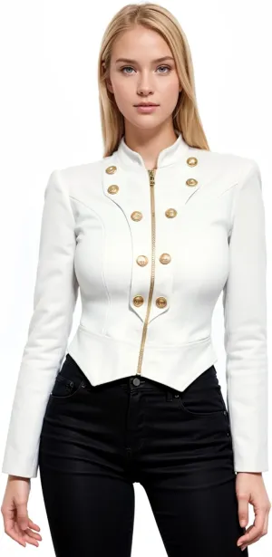Hybrid & Company Women's Fashion Military Crop Premium Ultra Stretch Gold/Sliver Millennium Zipper Up Dressy Blazer Jacket