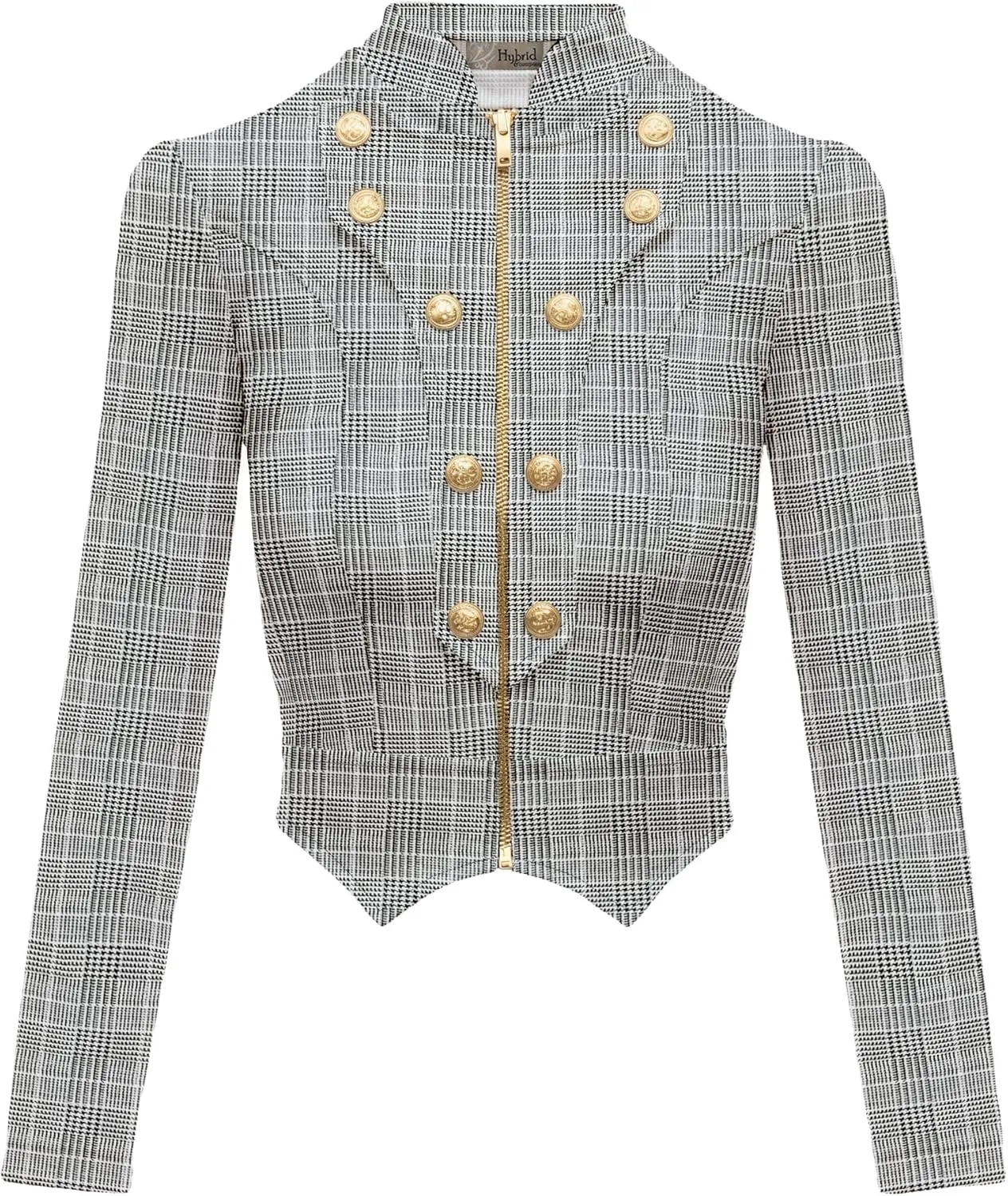 Hybrid & Company Women's Fashion Military Crop Premium Ultra Stretch Gold/Sliver Millennium Zipper Up Dressy Blazer Jacket
