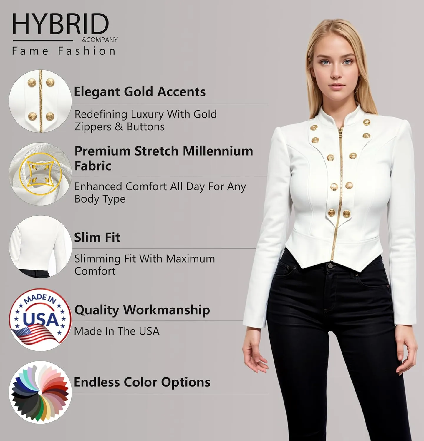 Hybrid & Company Women's Fashion Military Crop Premium Ultra Stretch Gold/Sliver Millennium Zipper Up Dressy Blazer Jacket