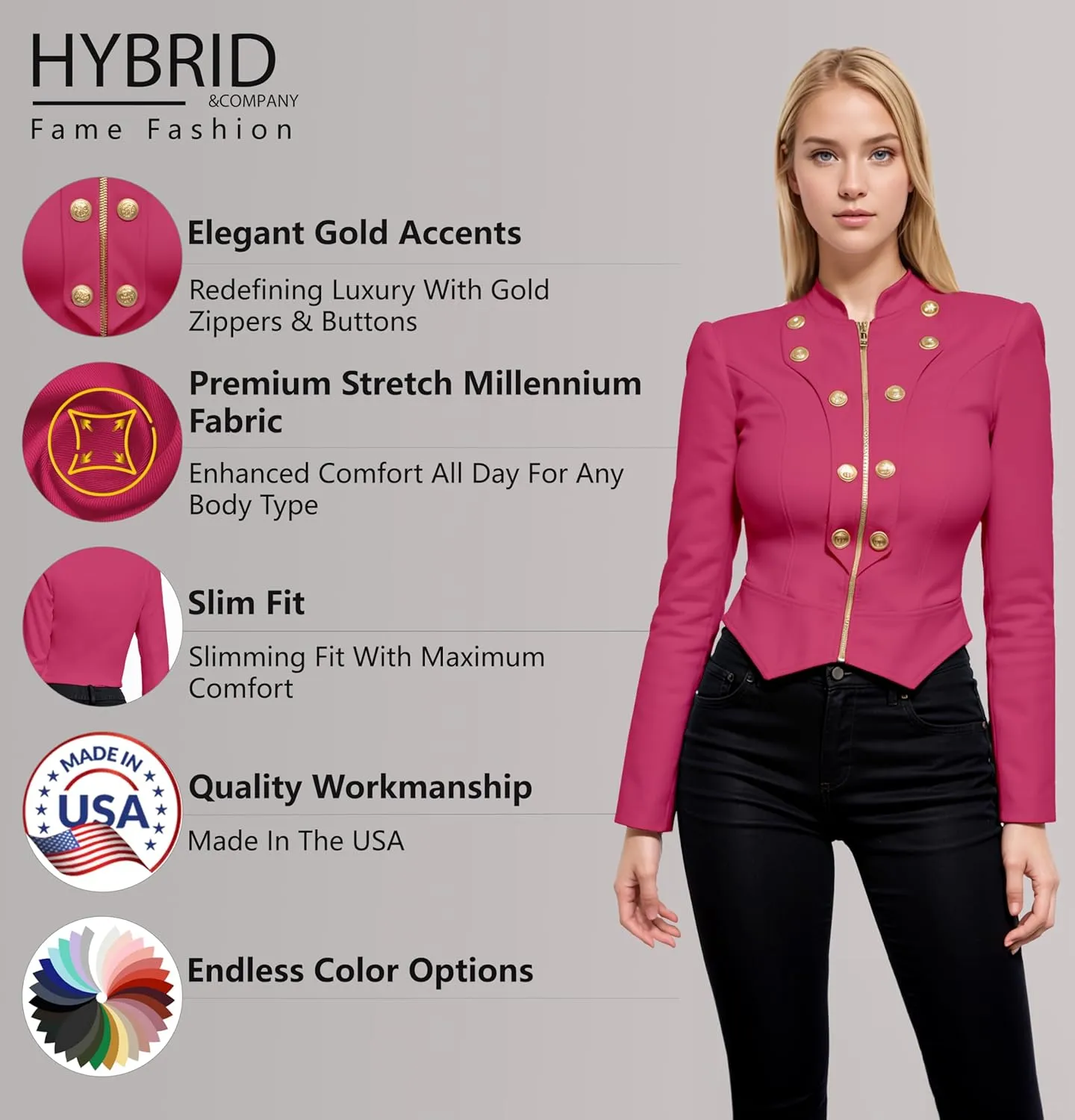 Hybrid & Company Women's Fashion Military Crop Premium Ultra Stretch Gold/Sliver Millennium Zipper Up Dressy Blazer Jacket