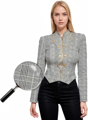 Hybrid & Company Women's Fashion Military Crop Premium Ultra Stretch Gold/Sliver Millennium Zipper Up Dressy Blazer Jacket