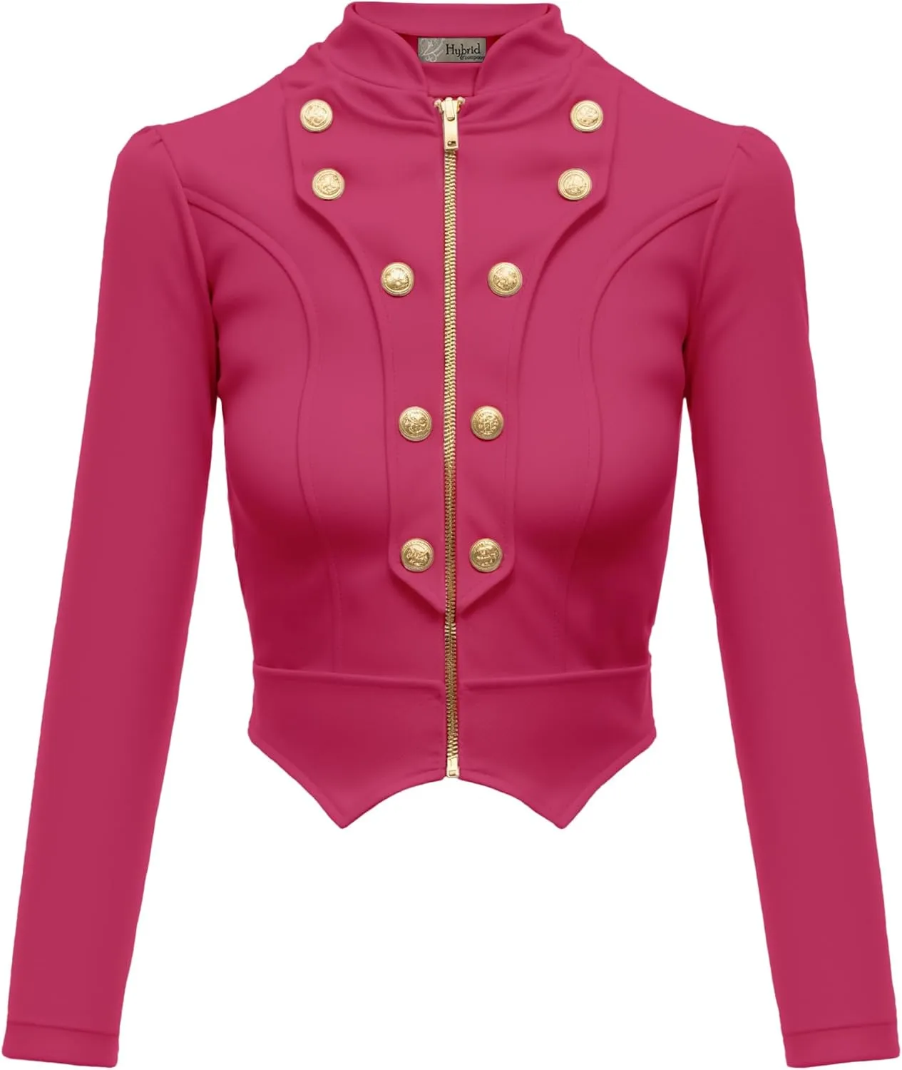 Hybrid & Company Women's Fashion Military Crop Premium Ultra Stretch Gold/Sliver Millennium Zipper Up Dressy Blazer Jacket