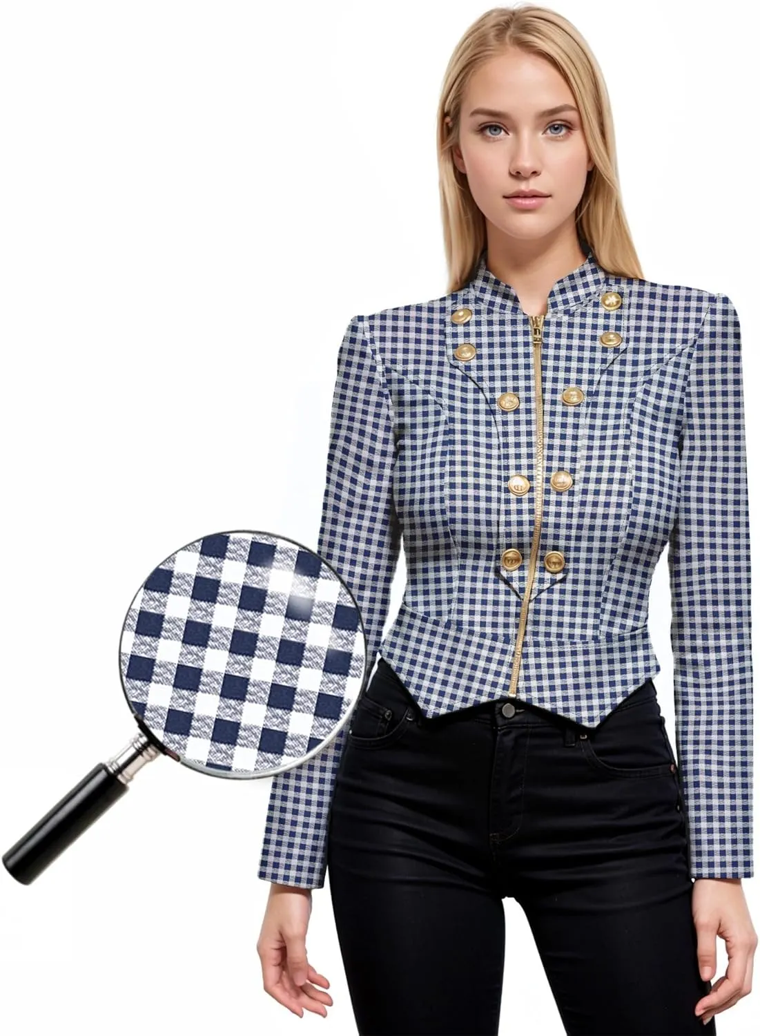 Hybrid & Company Women's Fashion Military Crop Premium Ultra Stretch Gold/Sliver Millennium Zipper Up Dressy Blazer Jacket