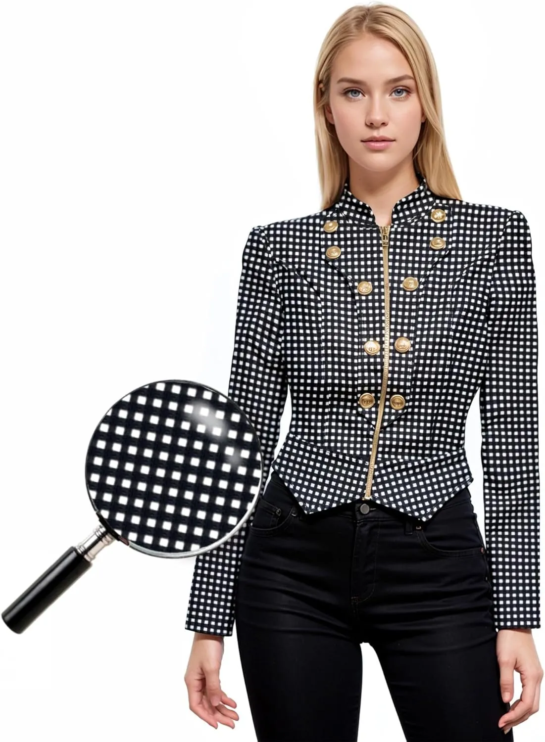 Hybrid & Company Women's Fashion Military Crop Premium Ultra Stretch Gold/Sliver Millennium Zipper Up Dressy Blazer Jacket