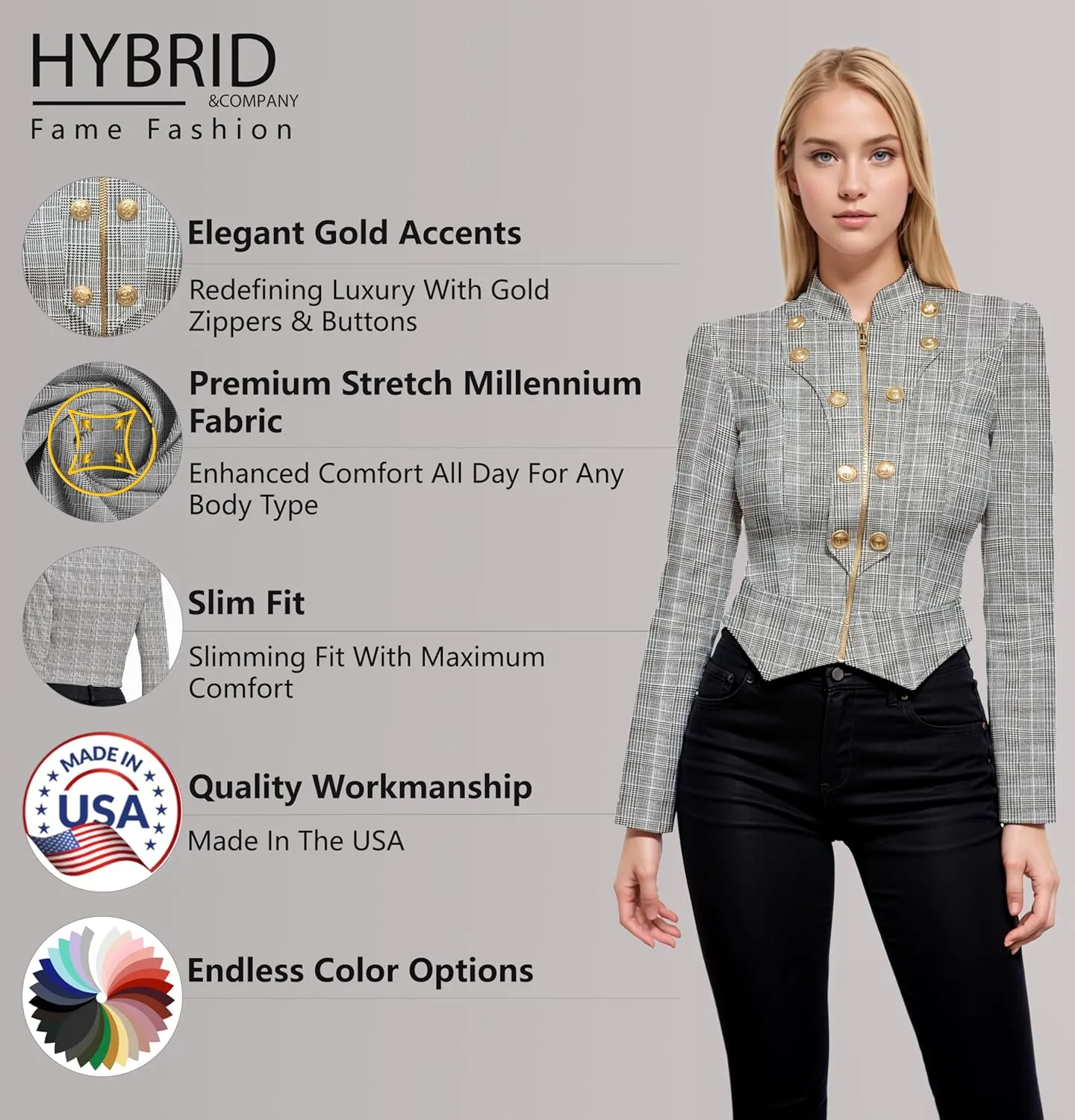Hybrid & Company Women's Fashion Military Crop Premium Ultra Stretch Gold/Sliver Millennium Zipper Up Dressy Blazer Jacket